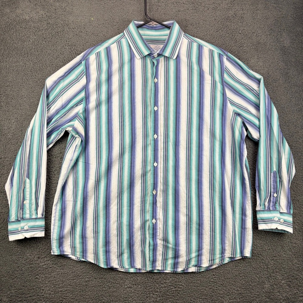 Tasso Elba Mens XXL Blue Green Stripe Button Down Shirt 100% Cotton Long Sleeve